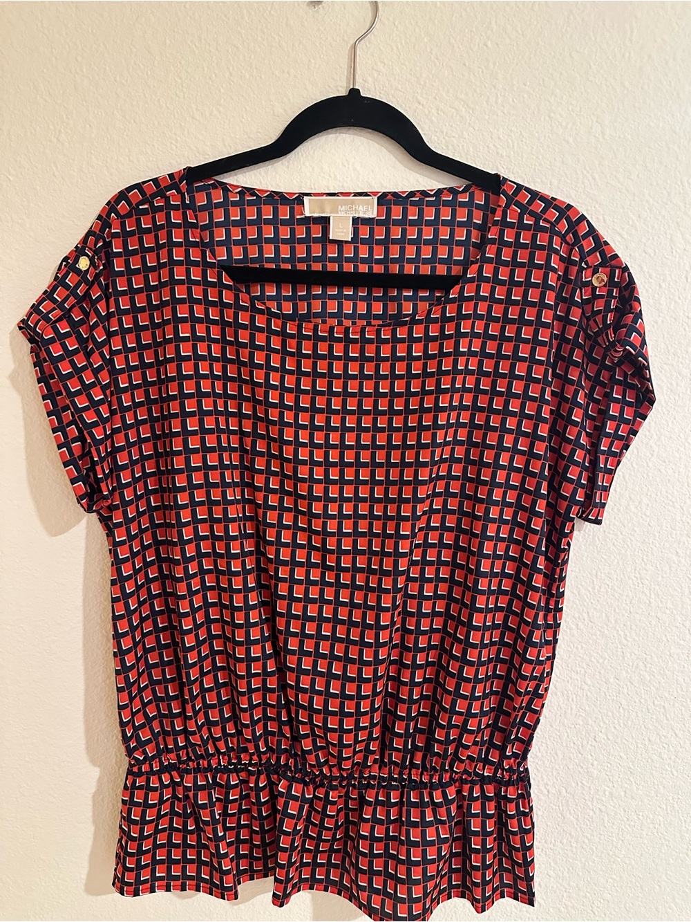 Michael Kors Red and Black Geometric Short Sleeve Blouse